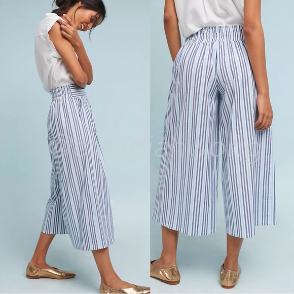 MISA Camden Pleated Stripe Wide Leg Culotte Pants in White Blue - Picture 4 of 14